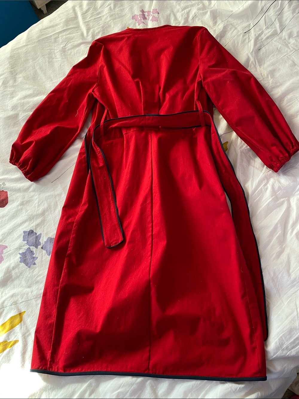 Women's Red Wrap Trench Coat with Contrast Edge and Tie Belt - Picture 8 of 12